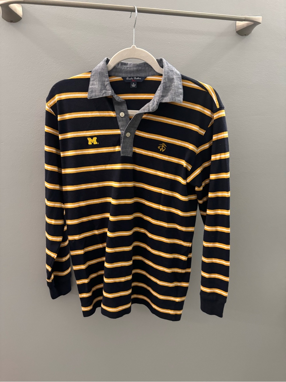University of Michigan Striped Long-Sleeve Brooks Brothers Polo